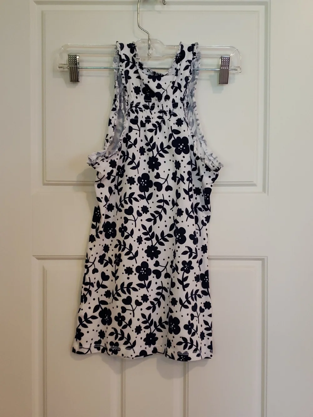 Small Floral Ruffle Racer Back tank top. White with blue - Picture 3 of 10
